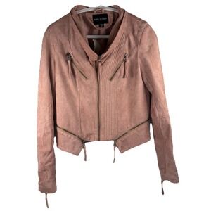 Solemio Women's MED Faux Suede Moto Biker Jacket Full Zip Rose Zippers Metal NWT